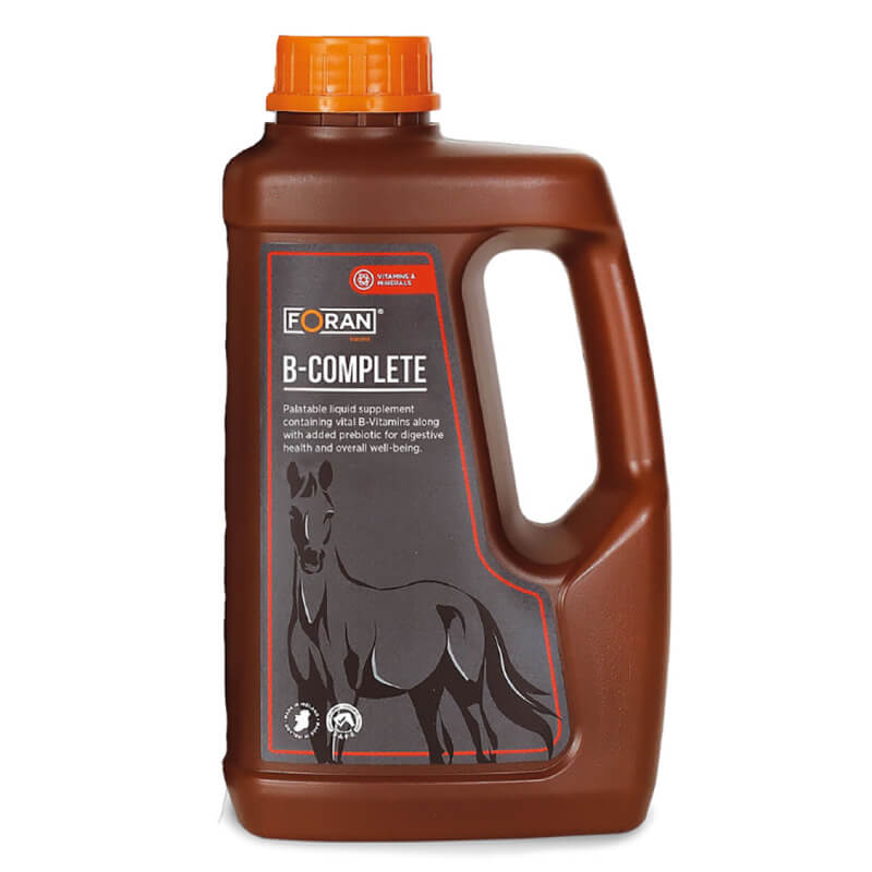 Foran Equine B-Complete Liquid by Foran: brown bottle, orange cap, horse graphic for horses.