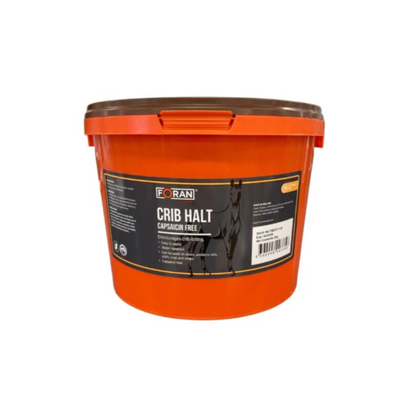 An orange 2kg tub of Foran Equine Crib-Halt Gel Capsaicin Free with a brown lid and black label.