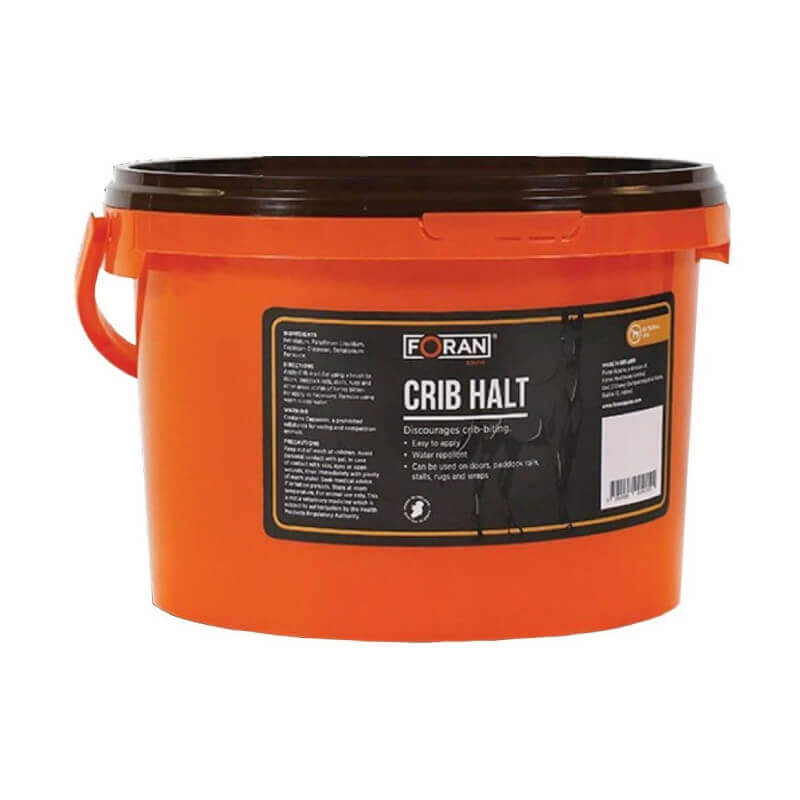 Foran Equine Crib-Halt Gel 2kg: orange tub, black lid/handle; anti-cribbing gel for horses.