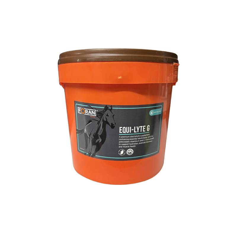 An orange Foran Equine Equi-Lyte G tub with a brown lid, an electrolyte powder for horses.