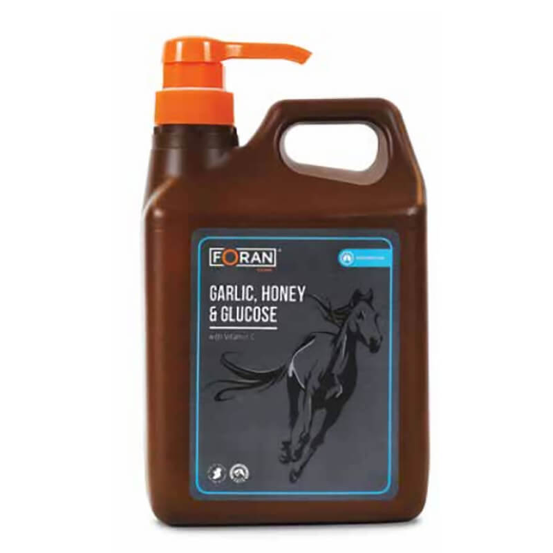 Foran Equine Garlic, Honey &amp; Glucose 5Ltr supplement in brown bottle with orange pump.