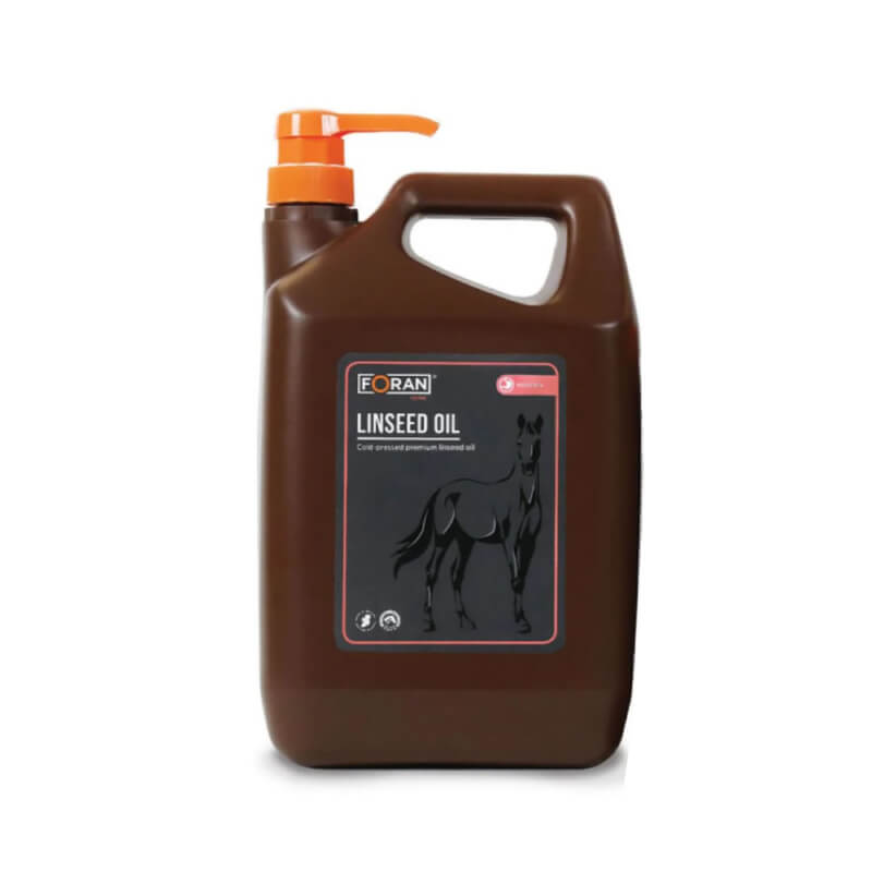 Foran Equine Linseed Oil 4.5Ltr with orange pump, ideal omega-3 support for horses.