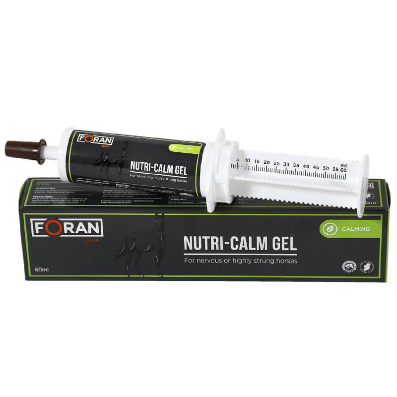 Foran Equine Nutri-Calm Gel 60ml: calming L-tryptophan supplement for horses, syringe &amp; box.