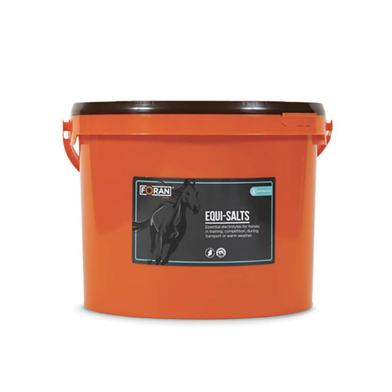 Foran Equine Equi-Salts: Large orange bucket with black lid for equine electrolyte support.