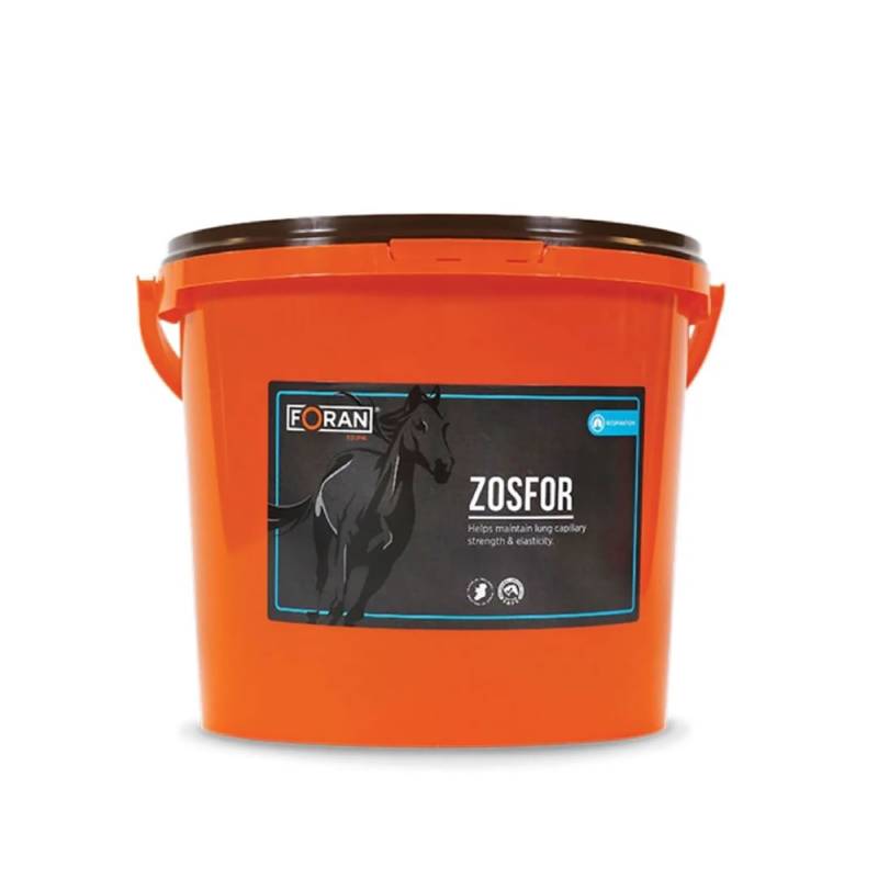 Bright orange 2.5kg Foran Equine Zosfor supplement tub with black lid and label.