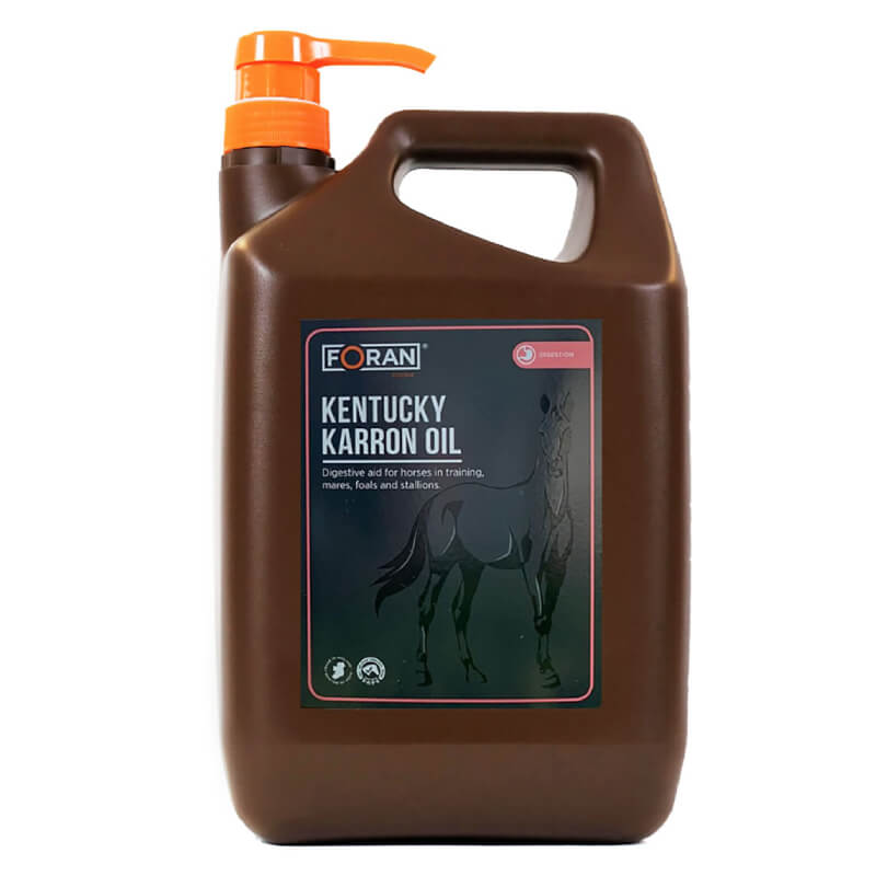 A 4.5L Foran Equine Kentucky Karron Oil with an orange pump top for horses.
