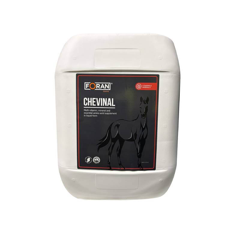 White container labeled Foran Equine Chevinal, an equine balancer by Foran with a horse image.