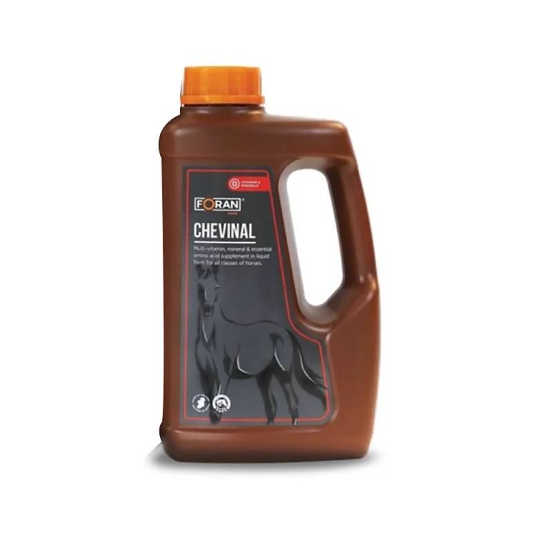 Foran Equine Chevinal brown bottle with orange cap for horse daily nutrition.