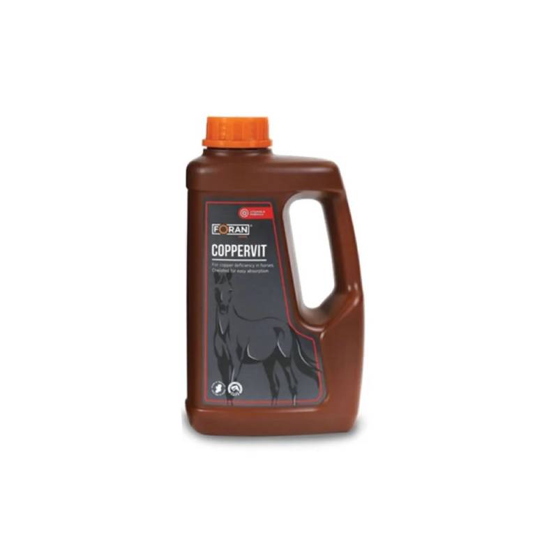 Foran Equine Coppervit: brown bottle, orange cap, chelated minerals for skeletal development.