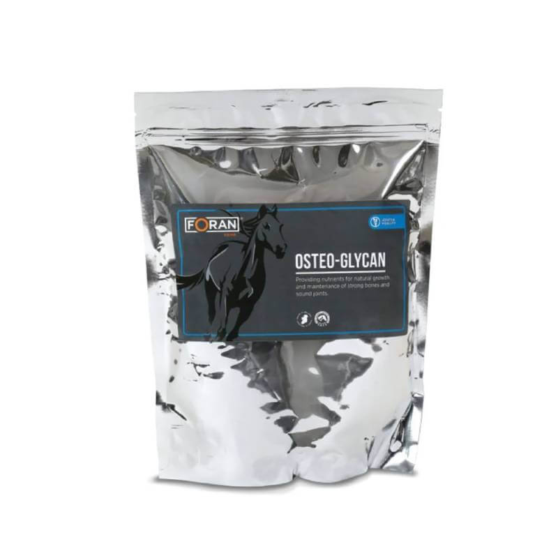 Foran Equine Osteo-Glycan 1kg bag features a black horse illustration on the silver label.