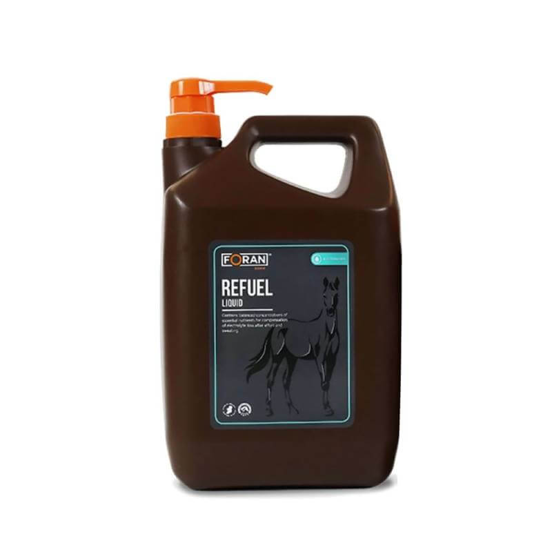 Foran Equine Refuel Liquid 5Ltr, an electrolyte for performance horses, in brown plastic bottle.