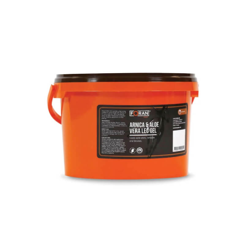 Foran Equine Arnica &amp; Aloe Vera Leg Gel 2.5kg, orange tub with dark lid and label.