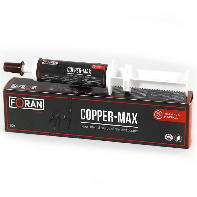 Foran Equine Copper-Max Paste 30g: chelated copper &amp; zinc, labeled for vitamins &amp; minerals.
