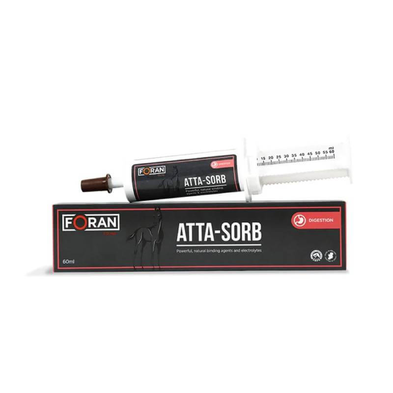 Foran Equine Atta-Sorb Gel 60ml syringe and box, equine digestive supplement.