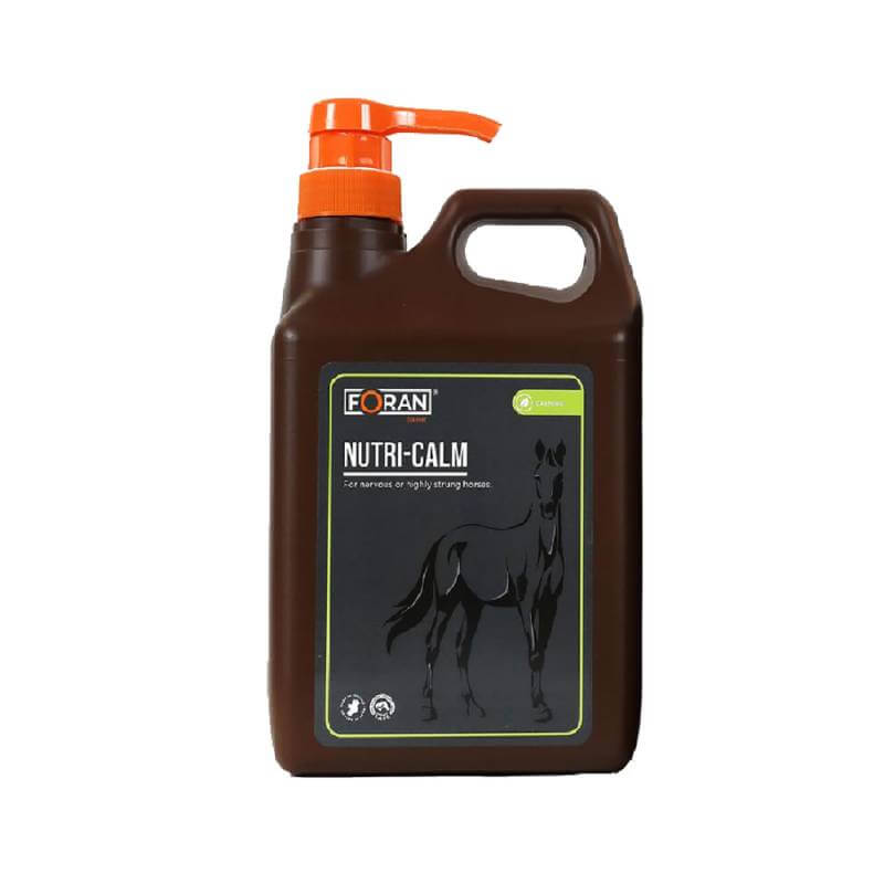 Foran Equine Nutri-Calm Liquid, horse calming supplement in brown bottle with orange pump.