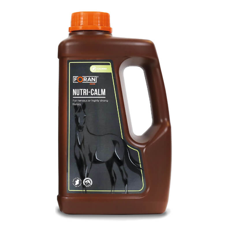 Foran Equine Nutri-Calm Liquid in a brown bottle with an orange cap.