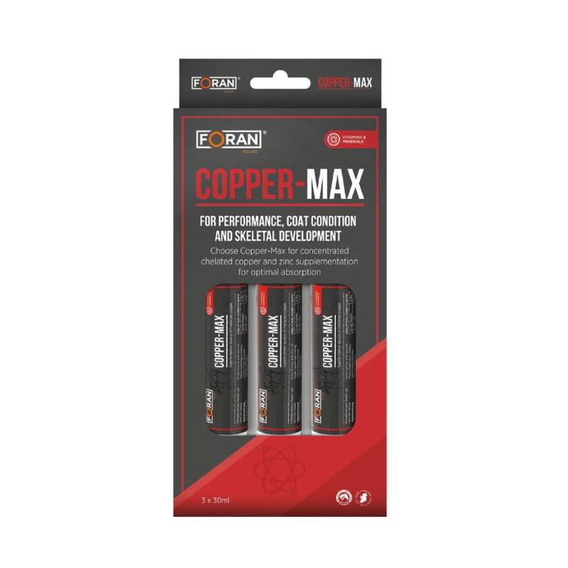 Three 30g tubes of Foran Equine Copper-Max Paste, chelated copper supplement for horses.