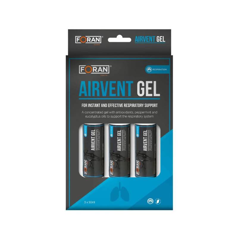 Foran Equine Airvent Gel 3x50ml for respiratory support, in blue and black box.