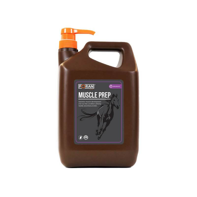 Foran Equine Muscle Prep 5L with pump, horse graphic, and muscle development label.