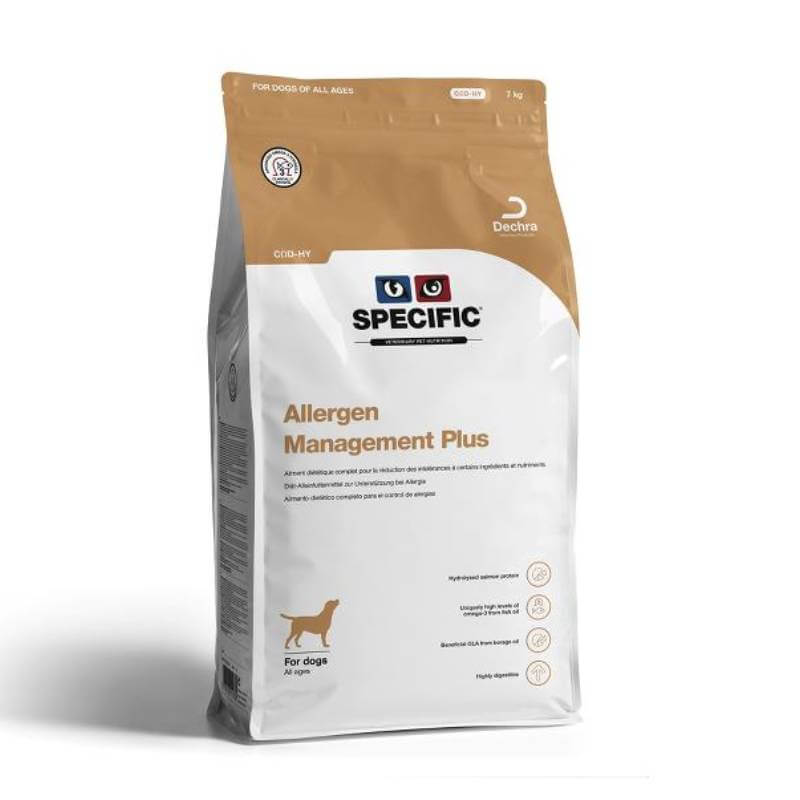 Dechra Specific COD-HY Allergen Management Plus Dry Dog Food 2kg in tan and white bag.