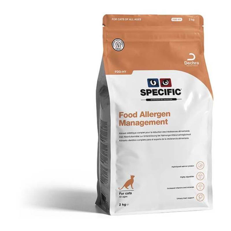 Dechra Specific Food Allergen Management Dry Cat Food, 2kg, in orange and white pack.