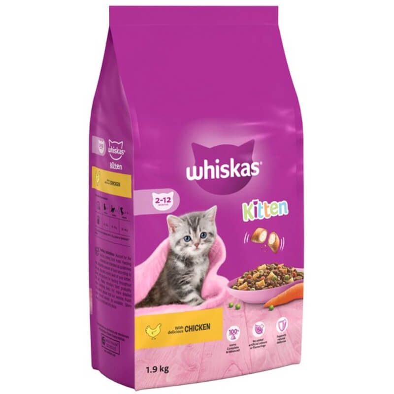 Whiskas 2-12mths Kitten Dry Chicken 1.9kg features a gray kitten on a pink bag.