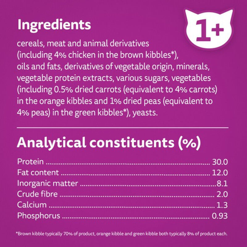Whiskas 1+ Cat Complete Dry with Chicken 1.9kg label: ingredients, nutrition, age 1+ icon top right.