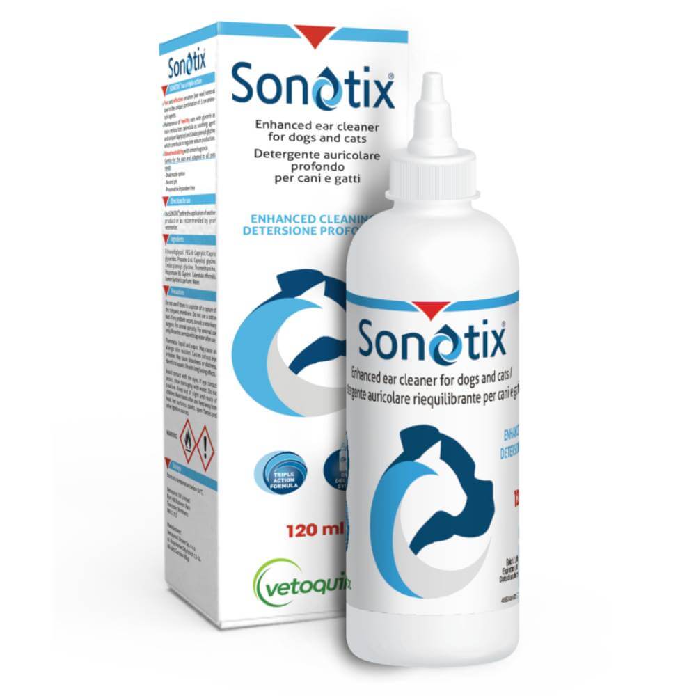 Vetoquinol Sonotix Enhanced Ear Cleaner for Dogs 120ml bottle beside box with blue-teal accents.