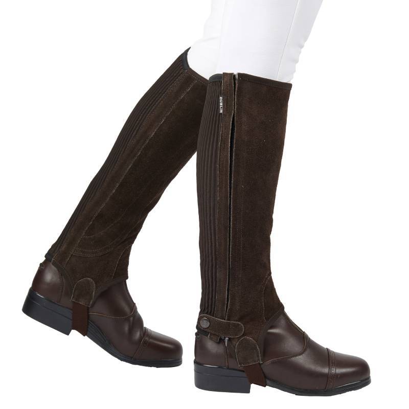 Dublin Suede Half Chaps II for adults, styled over white riding pants.