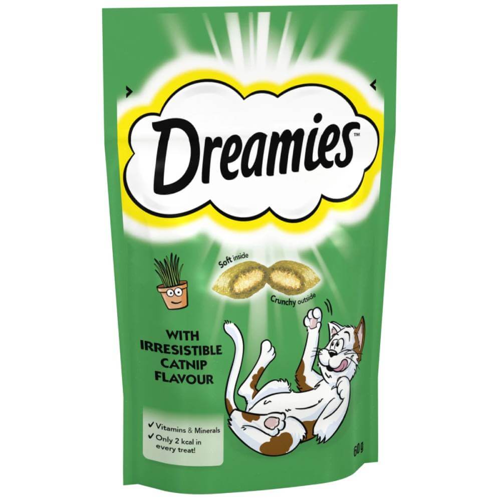 Dreamies with Catnip 60g cat treats bag featuring cartoon cat and green background.