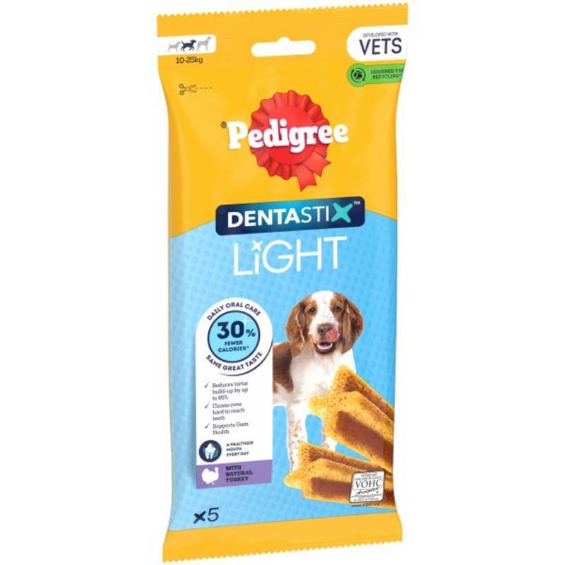 Pedigree DentaStix Light Dental Chews for medium dogs, 5 sticks, are shown with a happy dog.
