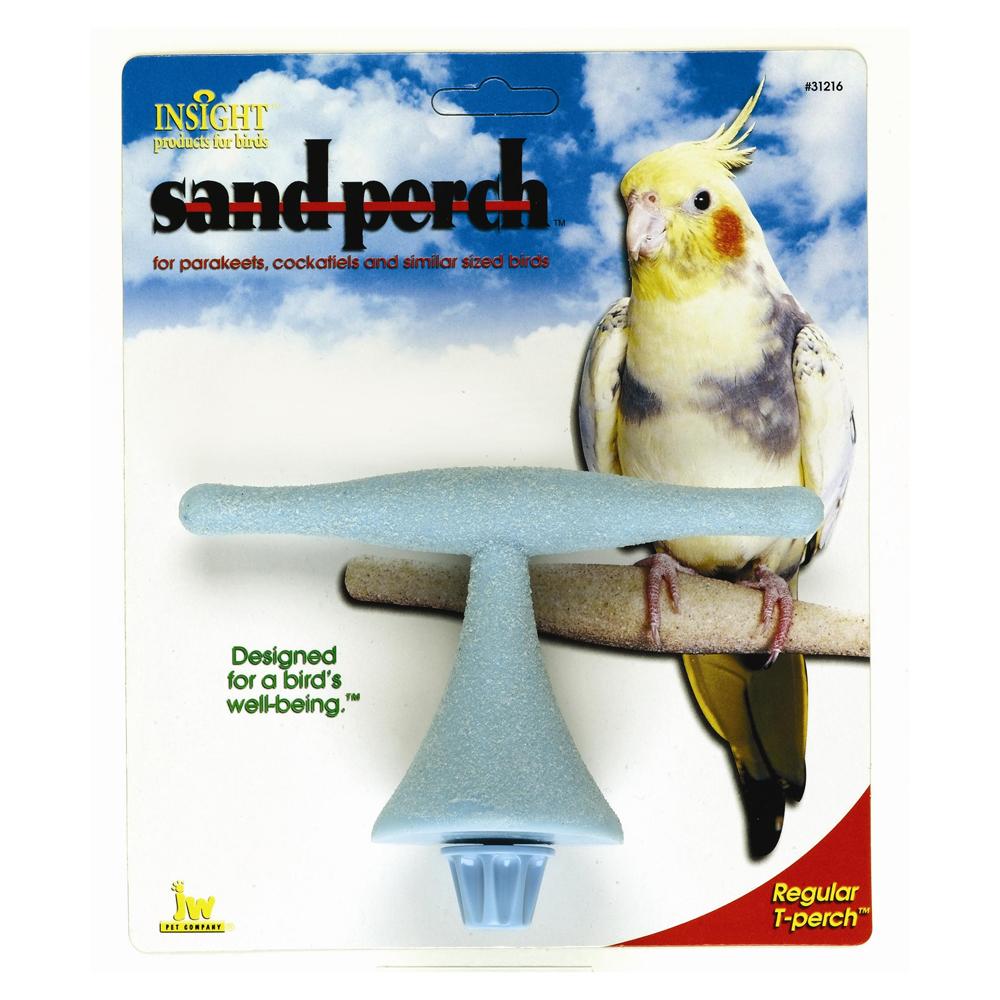 JW Sand T Perch by JW in packaging, with a cockatiel pictured in the background.