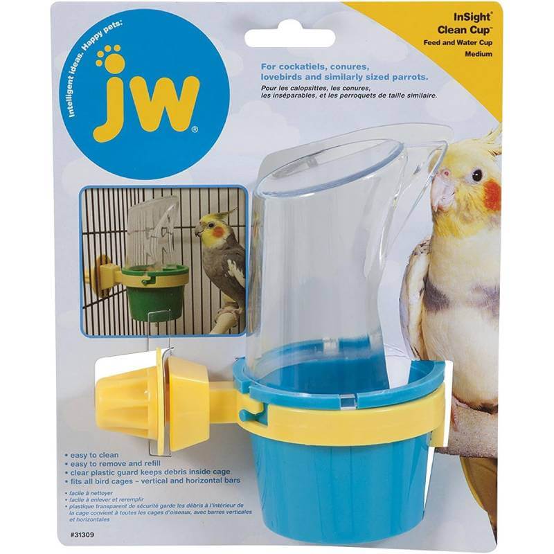 Parrot with JW Clean Cup Feed Water Cup Medium by JW in clear packaging with product info.