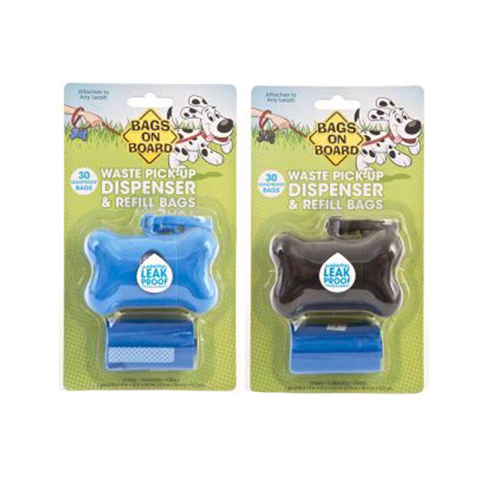 Two Bags On Board Dispenser Bone Black packs with refill bags, black and blue colors.