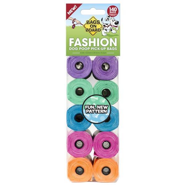 Bramton Bags On Board Fashion Poop Bags, leak-proof, fun patterns, 10 rolls x 14 bags per pack.