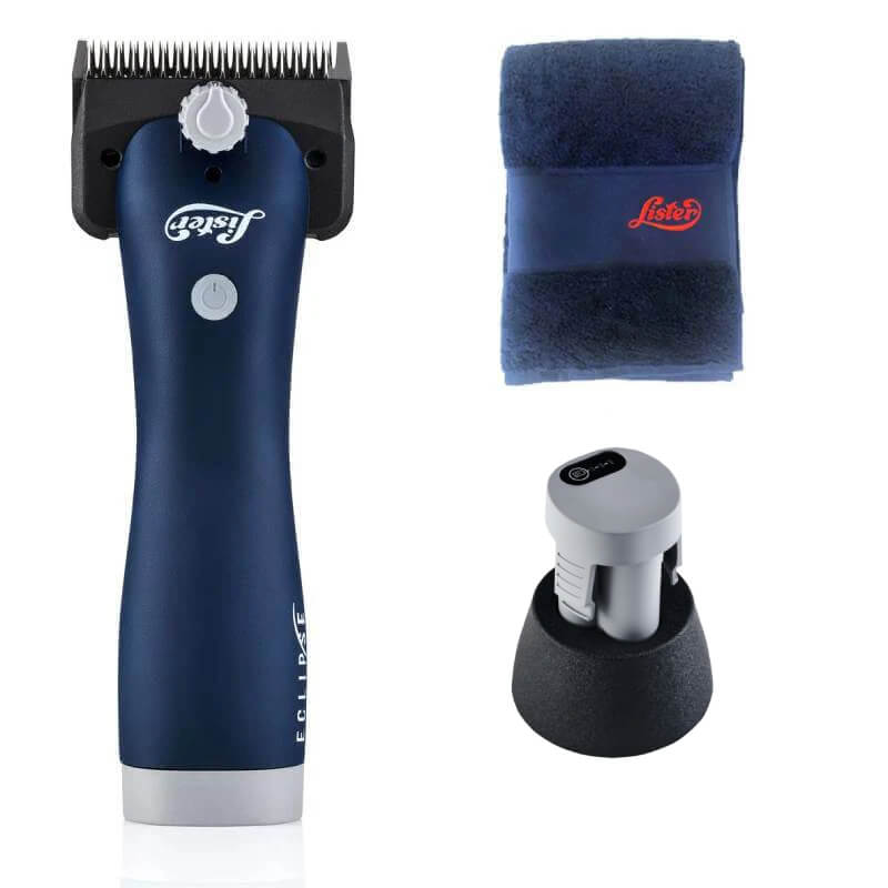 Lister Eclipse 2.0 Clippers Promo Kit by Lister, includes charging base and navy towel with red logo.