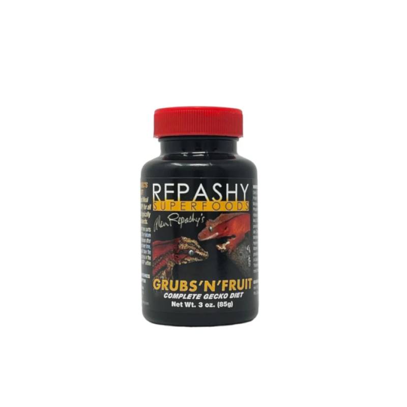 Repashy Superfoods Grubs 'n' Fruit 85g gecko diet powder in a black bottle with red cap.