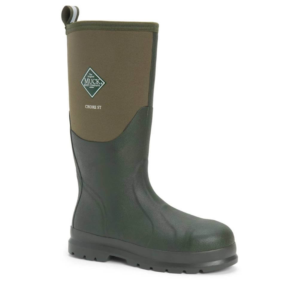 The Muckboot Chore Classic Steel Toe is a green waterproof work boot with black sole and side logo.