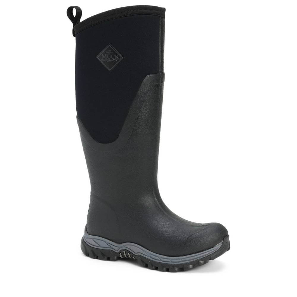 Muckboot Arctic Sport Tall II Black boots with rugged sole, side view on white background.