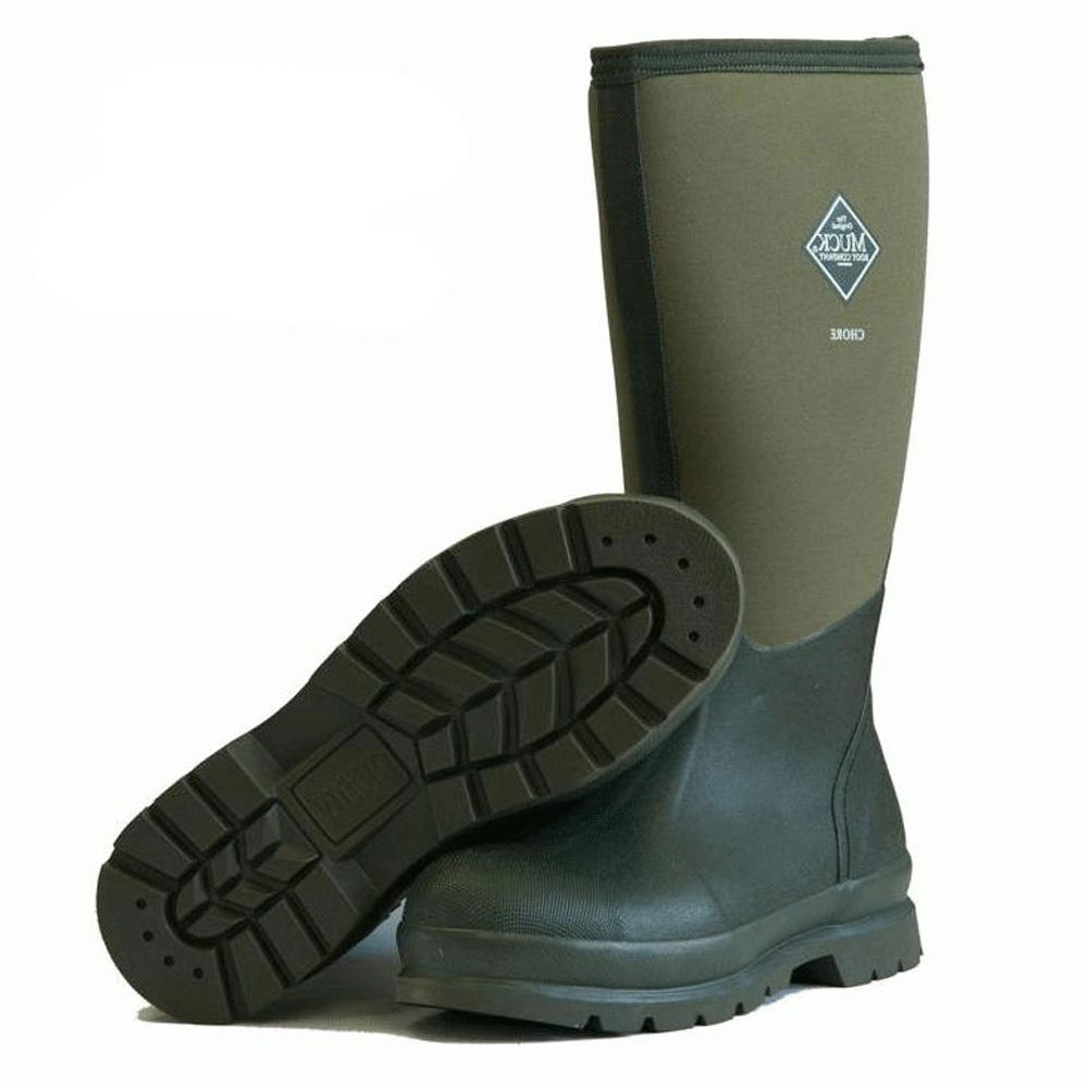 A pair of Muckboot Chore Classic Hi green and black wellingtons, one upright, one on its side.