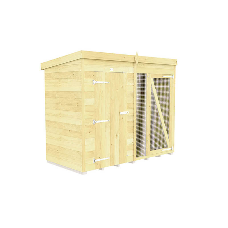 DIY Sheds Dog Kennel and Run Full Height with slanted roof and mesh door on white background.