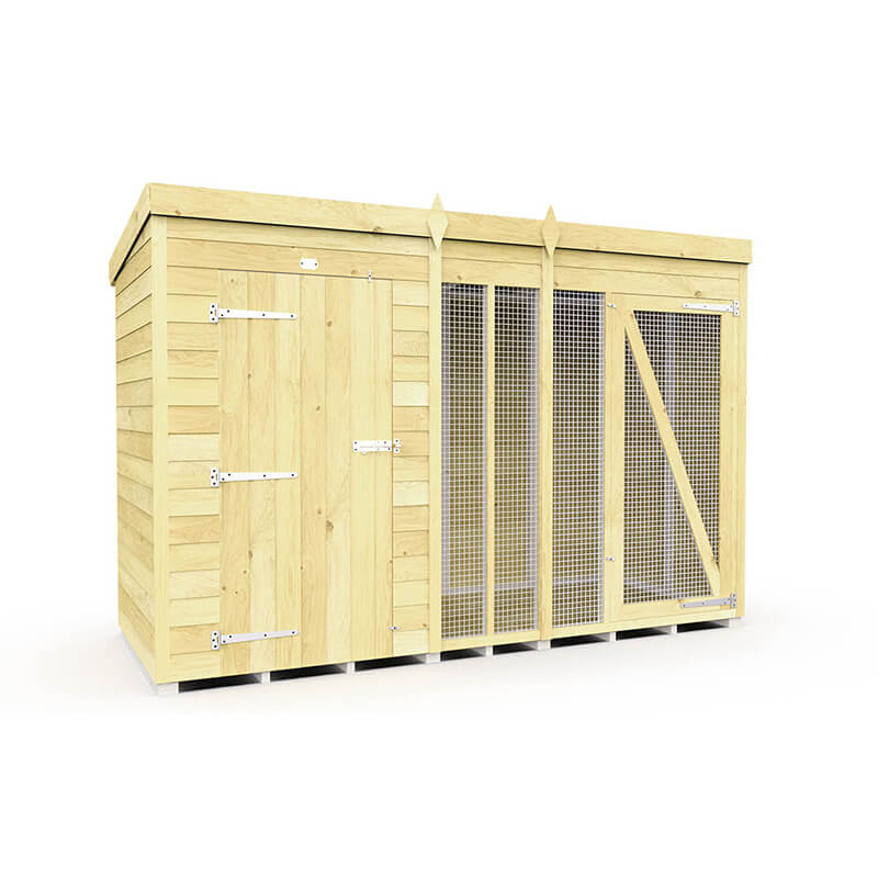 DIY Sheds Dog Kennel and Run Full Height with door, mesh windows, and slanted roof.