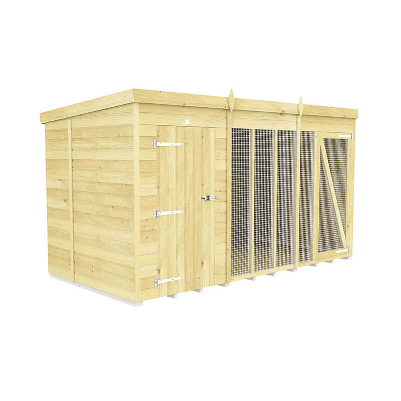 DIY Sheds Dog Kennel and Run Full Height with mesh door and one side wooden panels.