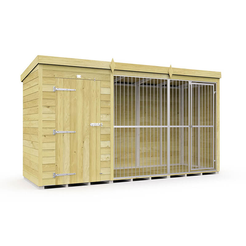 DIY Sheds Dog Kennel and Run Full Height with bars, shed left, metal-barred run right.