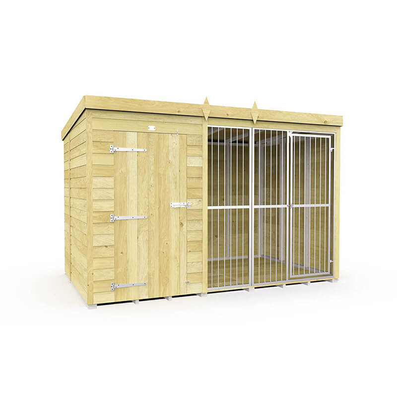 DIY Sheds Dog Kennel and Run Full Height with bars, locking door, metal-bar enclosure.