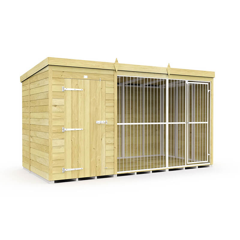 DIY Sheds Dog Kennel and Run Full Height with bars, solid left door, secure enclosure.
