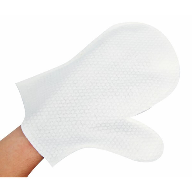A hand wears a My Turf Pet Cleaning Glove, a white disposable mitten from My Turf 6pk.