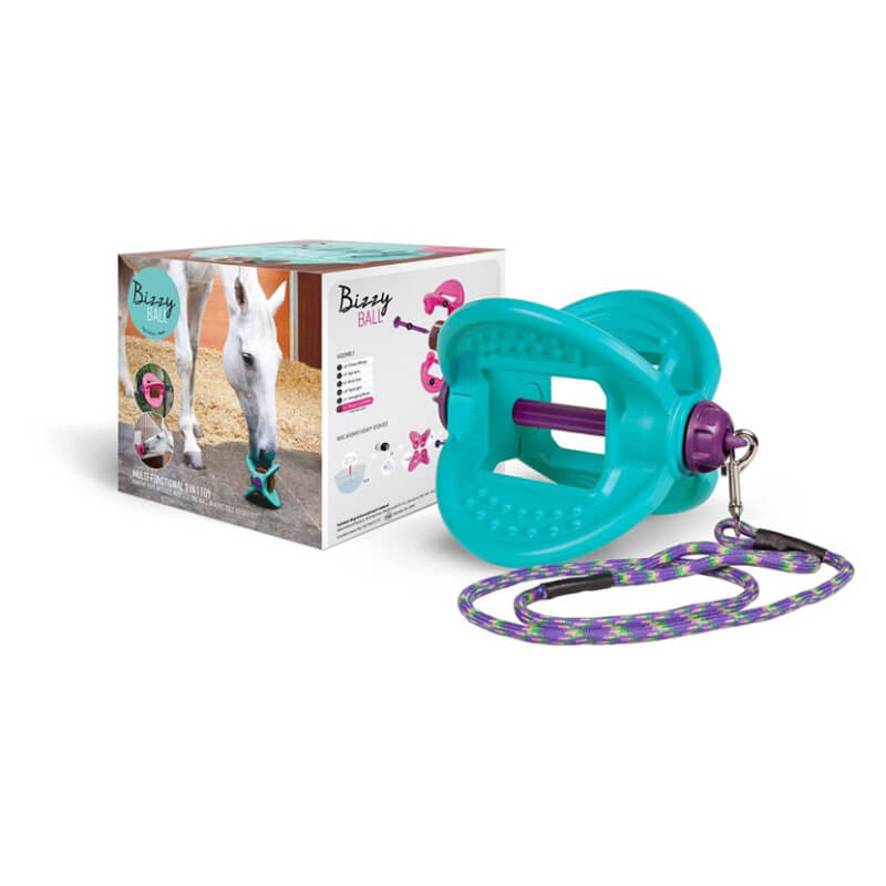Likit Bizzy Ball 3-in-1 toy—teal stable playset with purple accents, rope, and equine teether box.