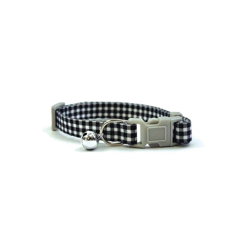 Tabby Patch Happy Pet Black Check Cat Collar with breakaway buckle and silver bell.