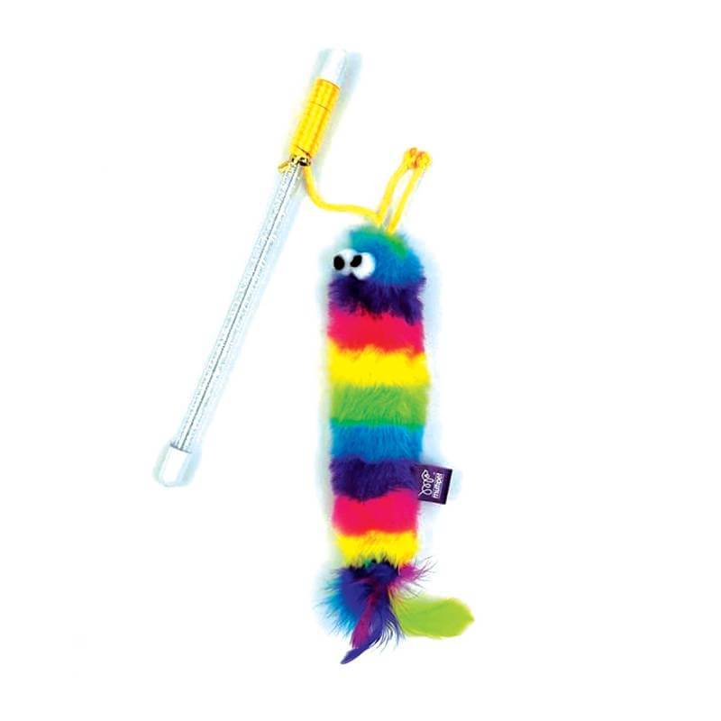 The Tabby Patch Happy Pet Rainbow Cat Teaser is a fun interactive toy with googly eyes for cats.
